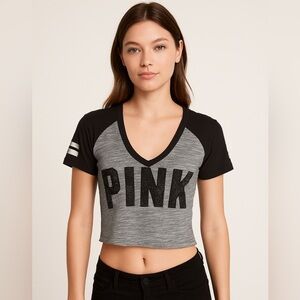 Victoria’s Secret PINK Women Sequin Logo V-Neck Cropped Tee Gray Black Size XS